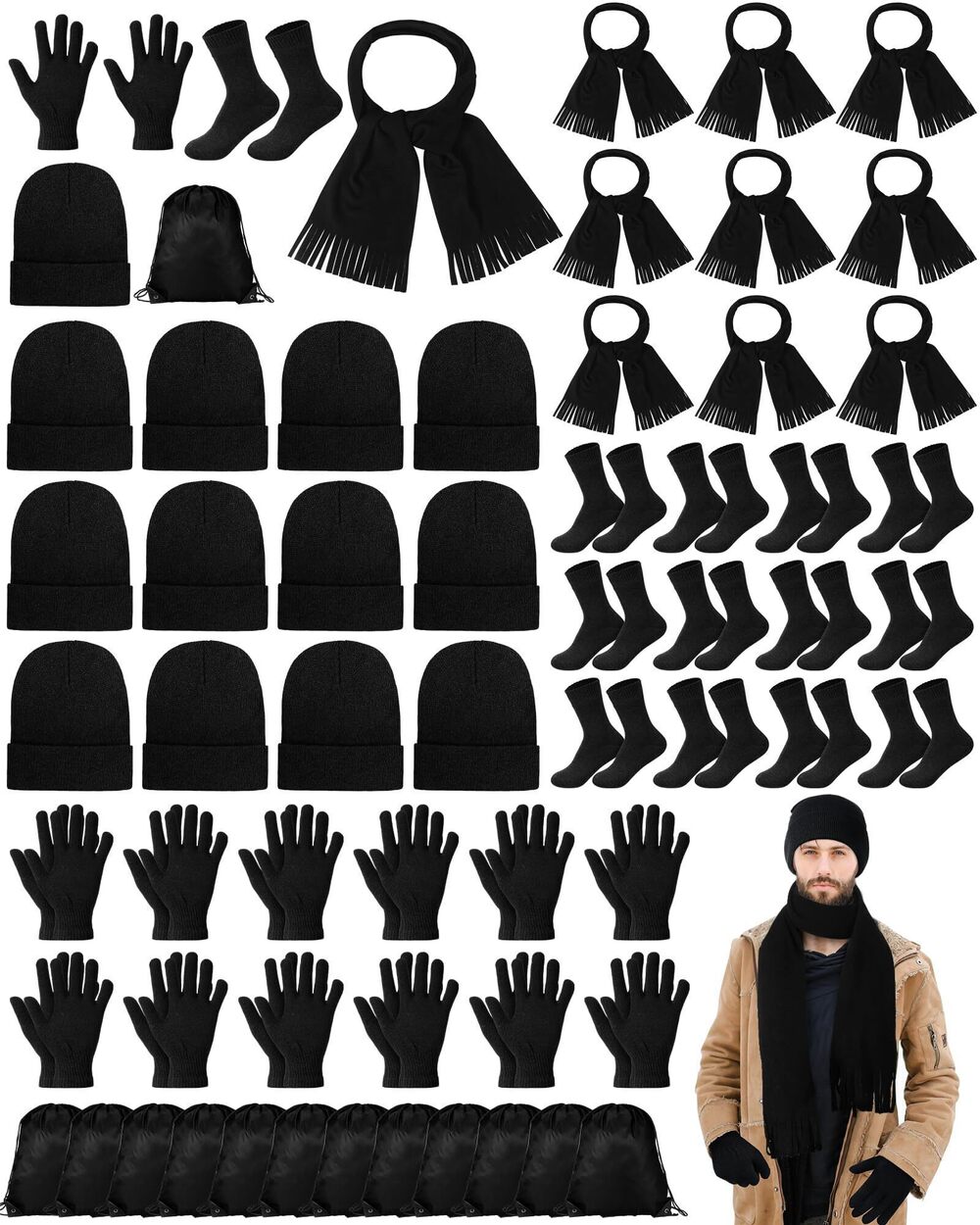 3674 60 Pcs Winter Homeless Care Package Supplies Beanie Hat Gloves Socks